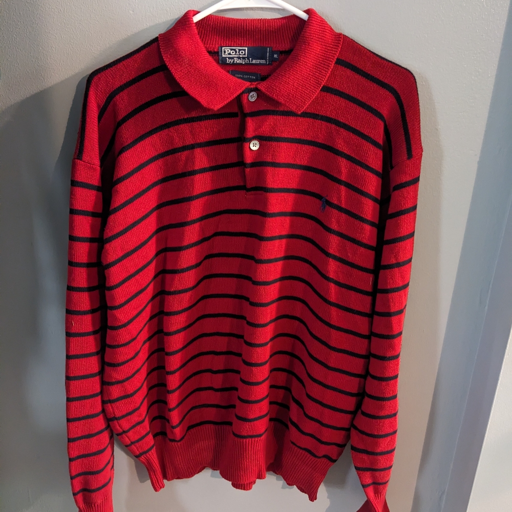 Polo Ralph Lauren Striped Knit Collared Henley Polo Pullover SWEATER Red Mens XL